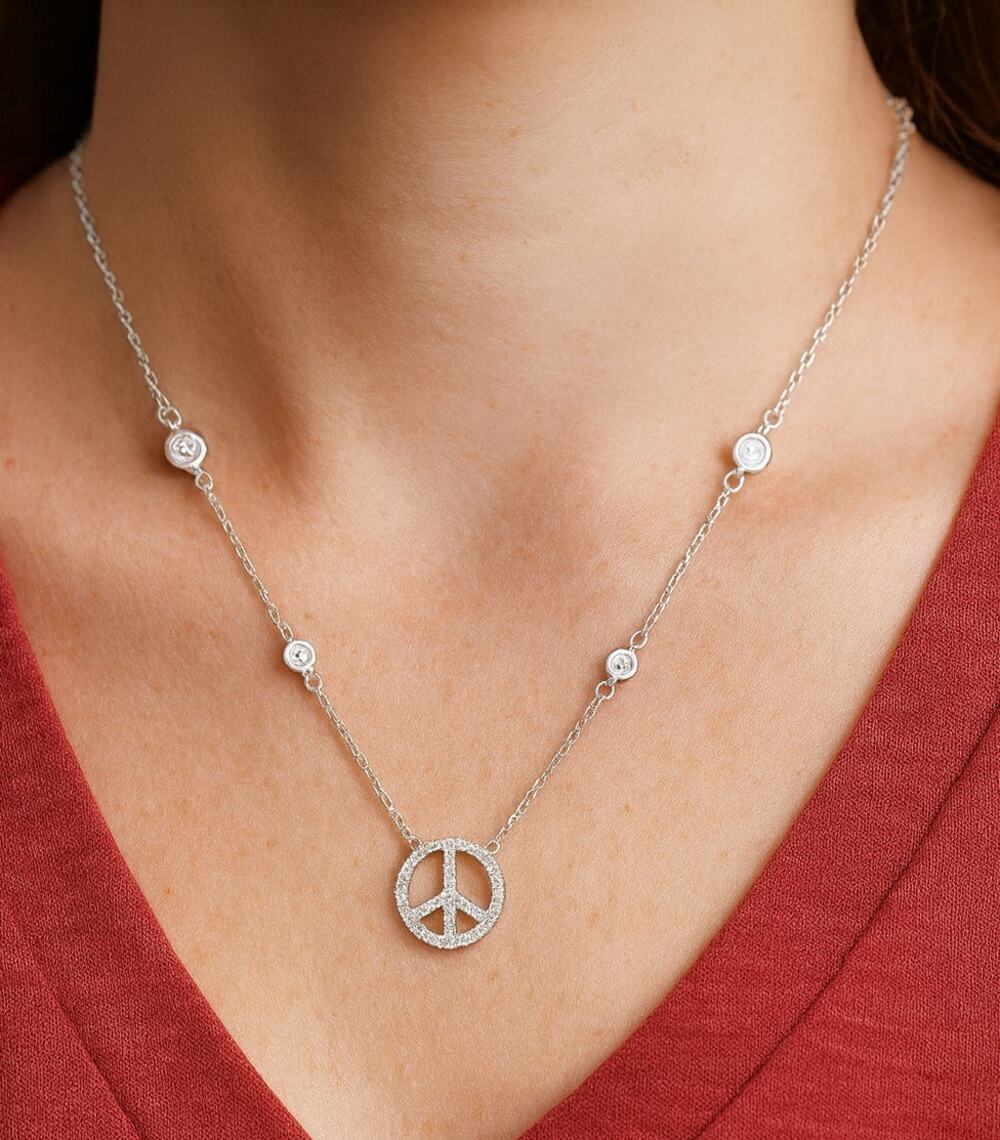 Peace Sign Sterling Silver necklace with cubic zirconia stations 16-18 In